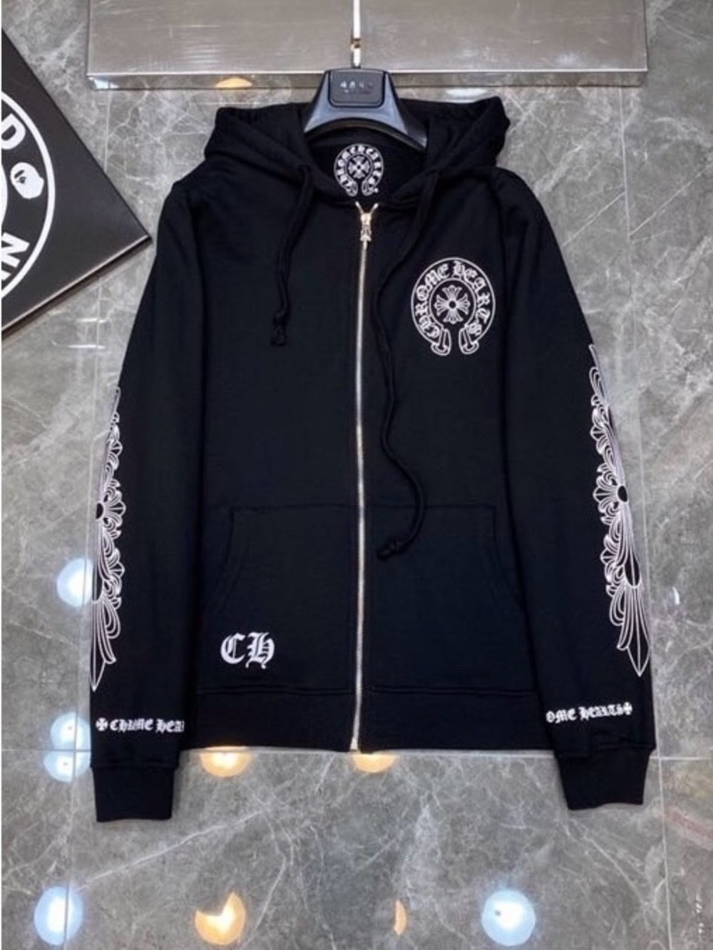 Chrome Hearts Black Zip-Up Hoodie with White Gothic Motifs